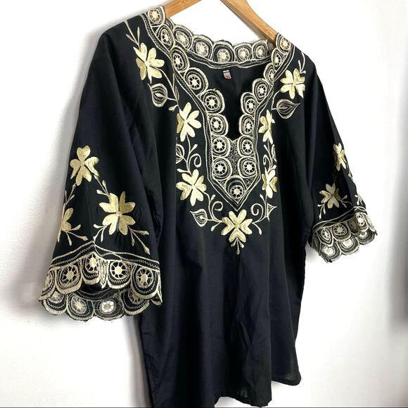 Vintage Embroidered Top Peasant Top Mexico Black Yellow Floral - Picture 3 of 7